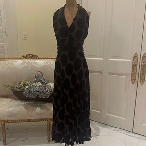 Gorgeous, brown polkadot halter dress with full skirt, size medium